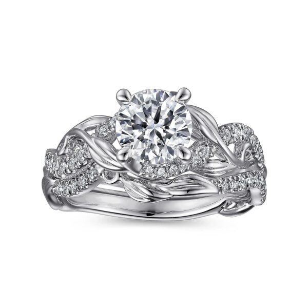 14K White Gold Floral Round Diamond Engagement Ring - Image 5