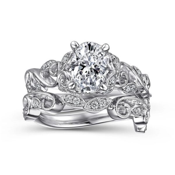 14K White Gold Floral Oval Diamond Engagement Ring - Image 5