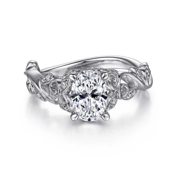 14K White Gold Floral Oval Diamond Engagement Ring