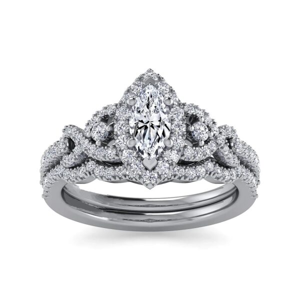 Platinum Marquise Shape Three Stone Halo Diamond Engagement Ring - Image 4