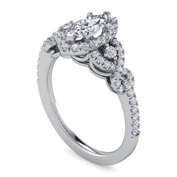 Platinum Marquise Shape Three Stone Halo Diamond Engagement Ring - Image 3