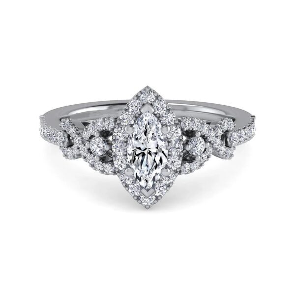 Platinum Marquise Shape Three Stone Halo Diamond Engagement Ring