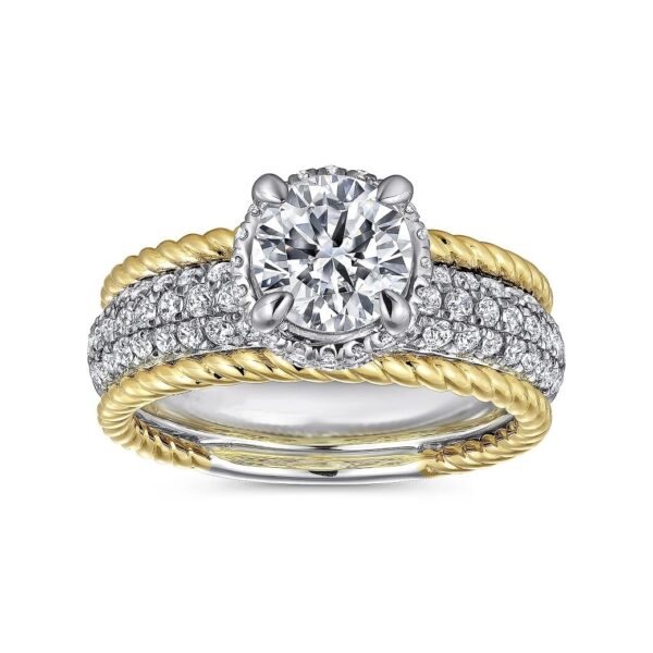 14K White-Yellow Gold Round Wide Band Diamond Engagement Ring - Image 4
