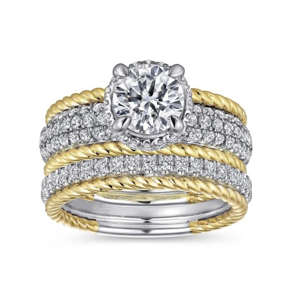 14K White-Yellow Gold Round Wide Band Diamond Engagement Ring - Image 5