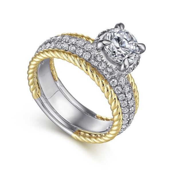 14K White-Yellow Gold Round Wide Band Diamond Engagement Ring - Image 2