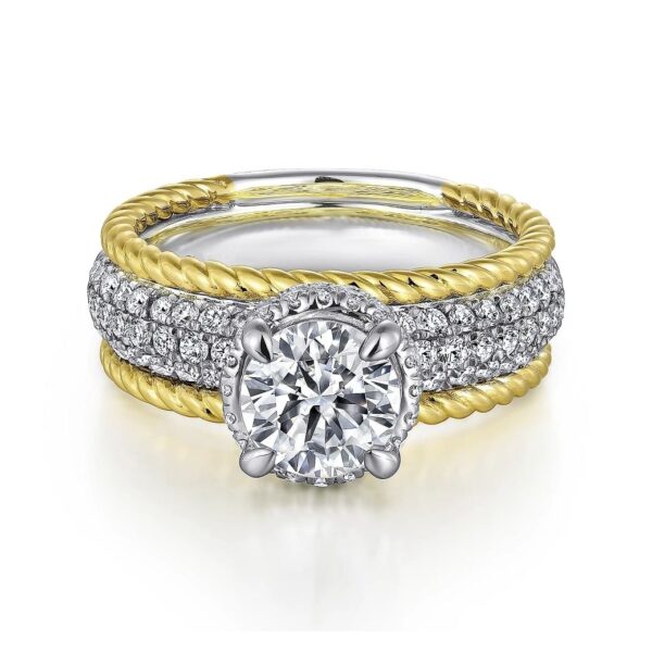 14K White-Yellow Gold Round Wide Band Diamond Engagement Ring