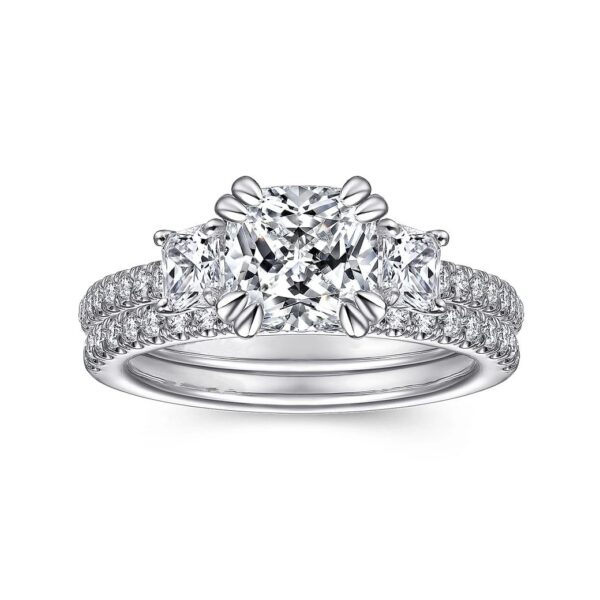 18K White Gold Cushion Cut Three Stone Diamond Engagement Ring - Image 5