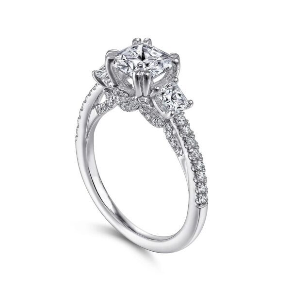18K White Gold Cushion Cut Three Stone Diamond Engagement Ring - Image 4