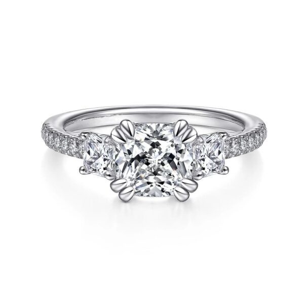 18K White Gold Cushion Cut Three Stone Diamond Engagement Ring