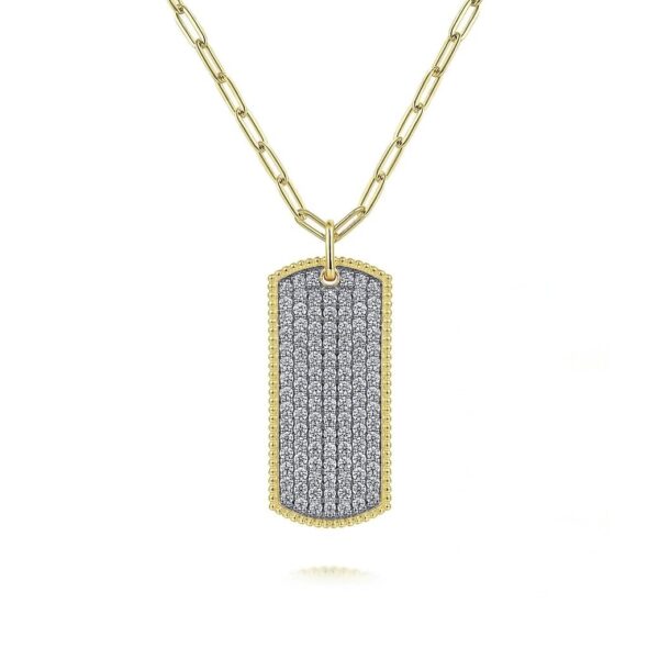 14K Yellow Gold Diamond Pave' Dog Tag Pendant Hollow Chain Necklace