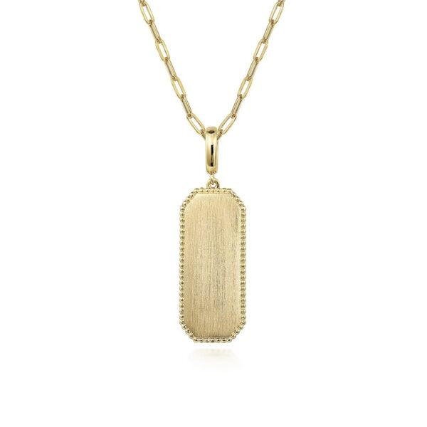 14K Yellow Gold Elongated Dog Tag Pendant Hollow Chain Necklace