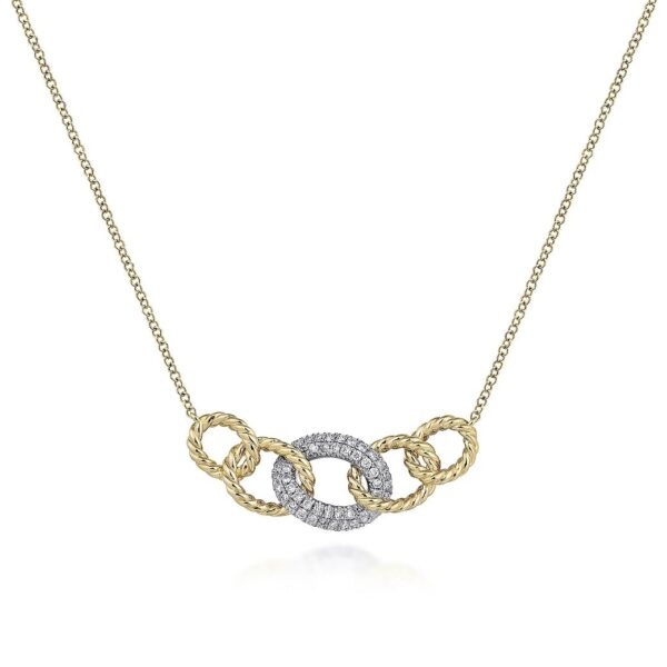 14K Yellow-White Gold Twisted Rope Link Necklace with Pave Diamond Link Station