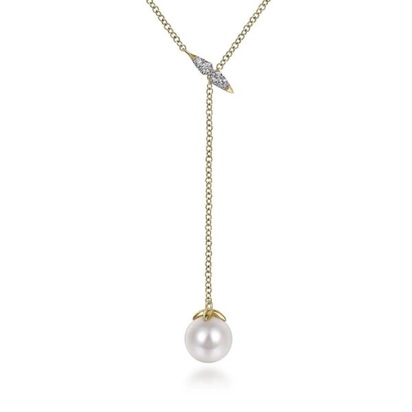 14K Yellow Gold Diamond And Pearl Y Knot Necklace