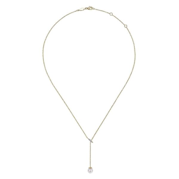 14K Yellow Gold Diamond And Pearl Y Knot Necklace - Image 2