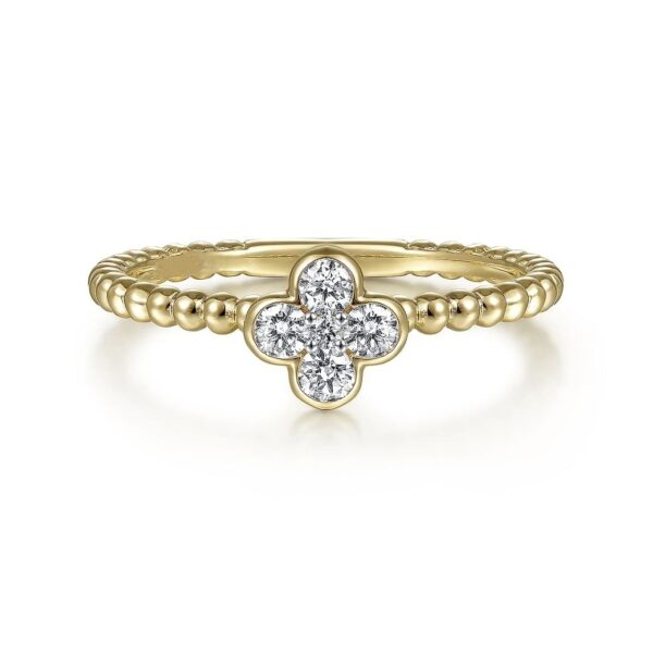 14K Yellow Gold Diamond Cluster Clover and Bujukan Bead Ring