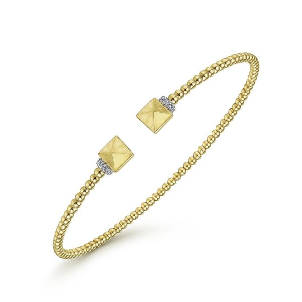 14K Yellow Gold Bujukan Split Cuff Bracelet with Pyramid and Diamond Caps - Image 2