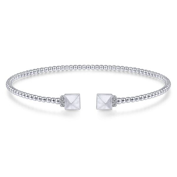 14K White Gold Bujukan Split Cuff Bracelet with Pyramid and Diamond Caps