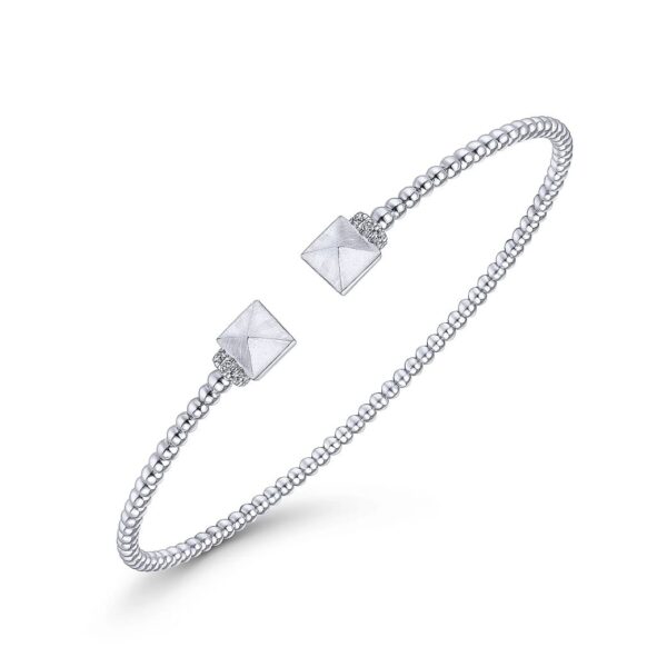 14K White Gold Bujukan Split Cuff Bracelet with Pyramid and Diamond Caps - Image 3