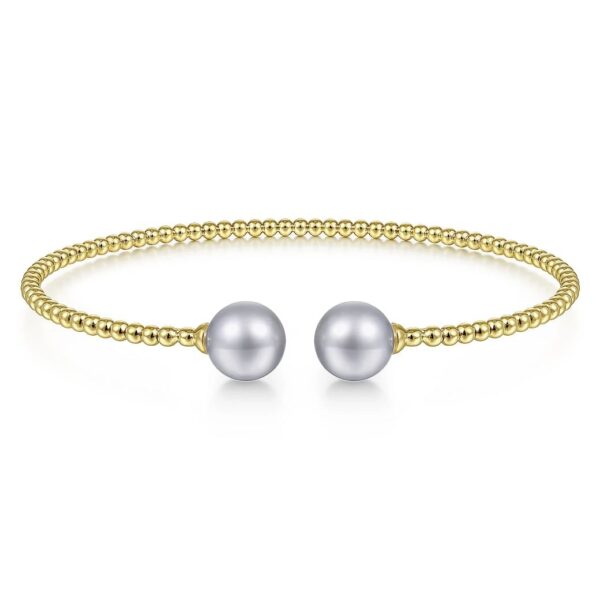 14K Yellow Gold Bujukan Bead Split Cuff Bracelet with Grey Pearls