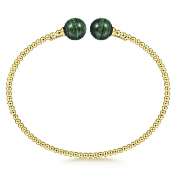 14K Yellow Gold Bujukan Bead Split Cuff Bracelet with Malachite Beads - Image 2