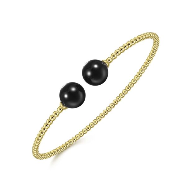 14K Yellow Gold Bujukan Bead Split Cuff Bracelet with Onyx Beads - Image 3