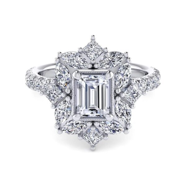 14K White Gold Fancy Halo Emerald Cut Diamond Engagement Ring