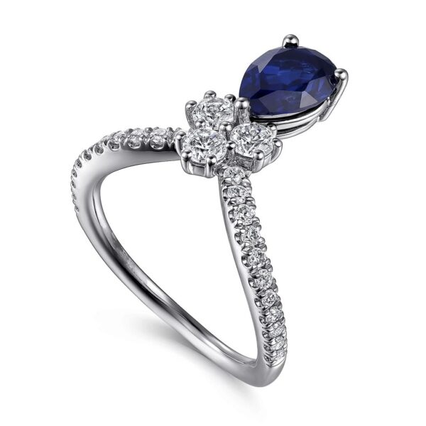 14K White Gold Diamond and Blue Sapphire Teardrop Chevron Ring - Image 2