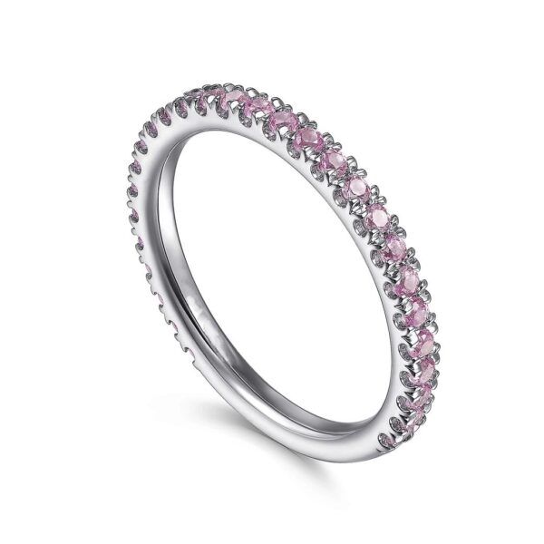 14k White Gold Pink Sapphire Stackable Ring - Image 3