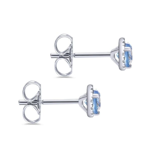 14K White Gold Diamond Halo Swiss Blue Topaz Stud Earring - Image 2