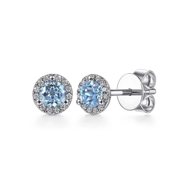 14K White Gold Diamond Halo Swiss Blue Topaz Stud Earring