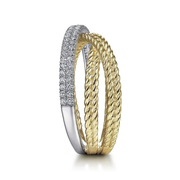 14K White-Yellow Gold Twisted Rope and Diamond Criss Cross Ring - Image 3