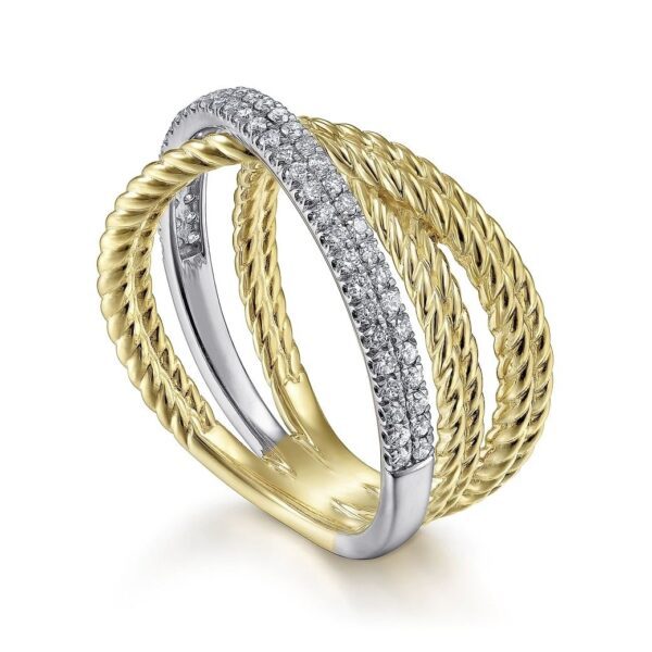 14K White-Yellow Gold Twisted Rope and Diamond Criss Cross Ring - Image 4