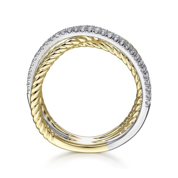 14K White-Yellow Gold Twisted Rope and Diamond Criss Cross Ring - Image 2