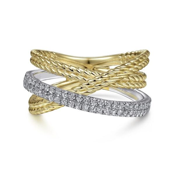 14K White-Yellow Gold Twisted Rope and Diamond Criss Cross Ring