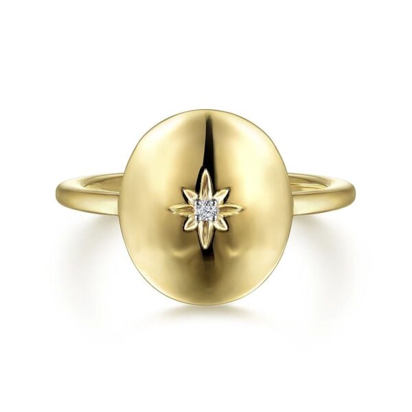 14K Yellow Gold Oval Medallion Ring with Diamond Star Center