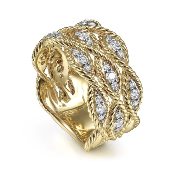 14K Yellow Gold Twisted Braided Diamond Wide Band Ring - Image 2