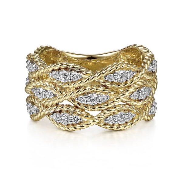 14K Yellow Gold Twisted Braided Diamond Wide Band Ring