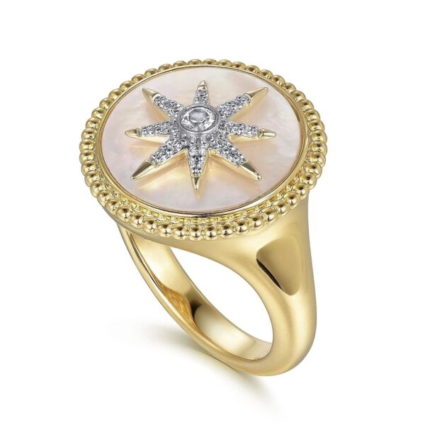 14K Yellow Gold Mother of Pearl Inlay and Diamond Starburst Signet Ring - Image 4