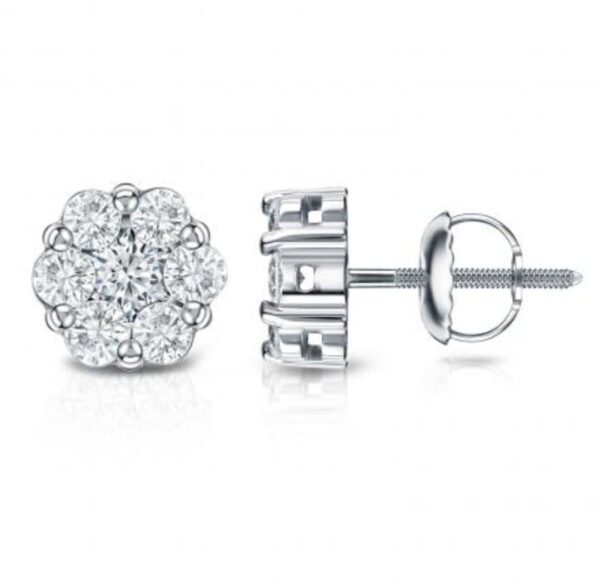 14K White Gold Cluster Diamonds 1/10CT Screw Back Earrings - Image 2