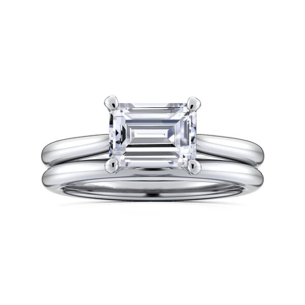 14K White Gold Horizontal Emerald Solitaire Engagement Ring - Image 5